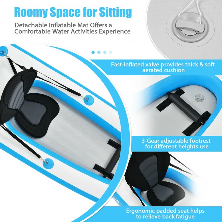 Detachable inflatable seat and adjustable footrest in the 10.8 feet blue kayak for comfortable water adventures.