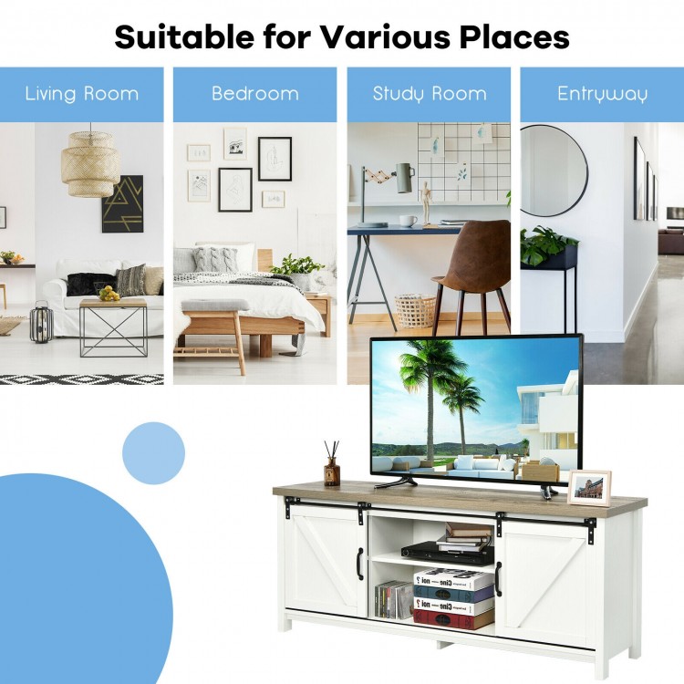 TV stand media center console cabinet in white with sliding barn door, ideal for 60" TVs, perfect for living room or.