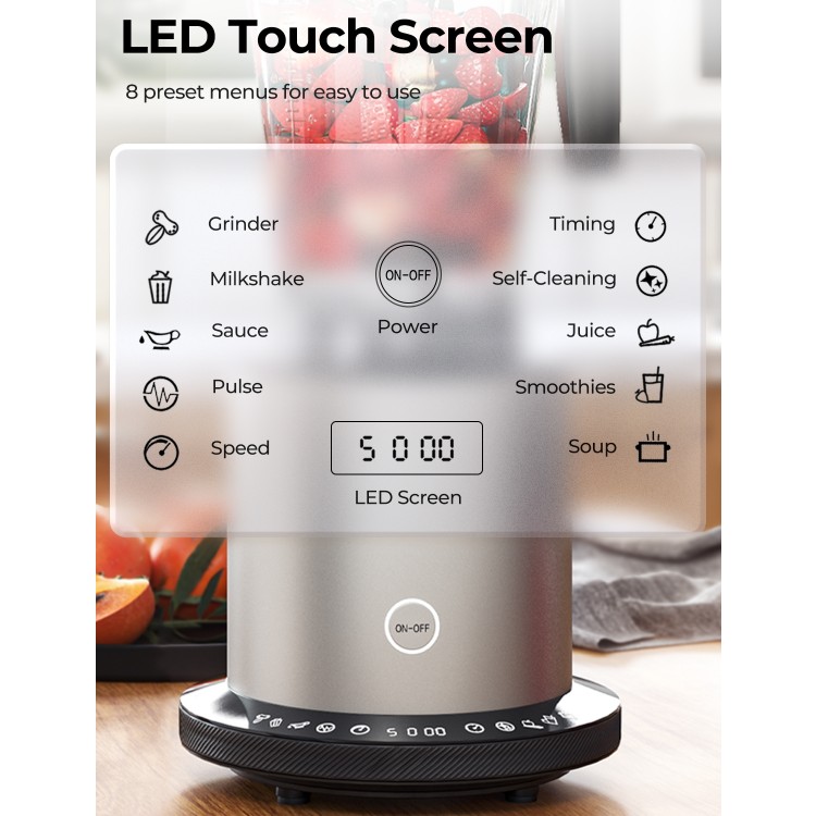 LED touch screen of the 1500W smoothie maker with 8 preset menus for customizable blending and juicing.