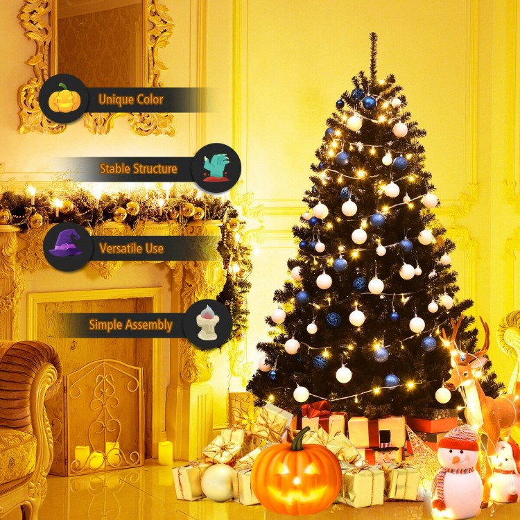 6 feet hinged artificial Halloween Christmas tree with 1036 branch tips, black design, perfect for indoor and outdoor.