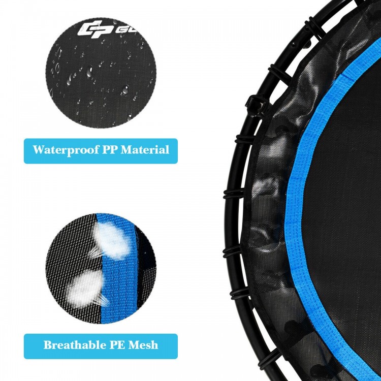 Close-up of the 40" foldable fitness rebounder showcasing waterproof PP material and breathable PE mesh for durability.
