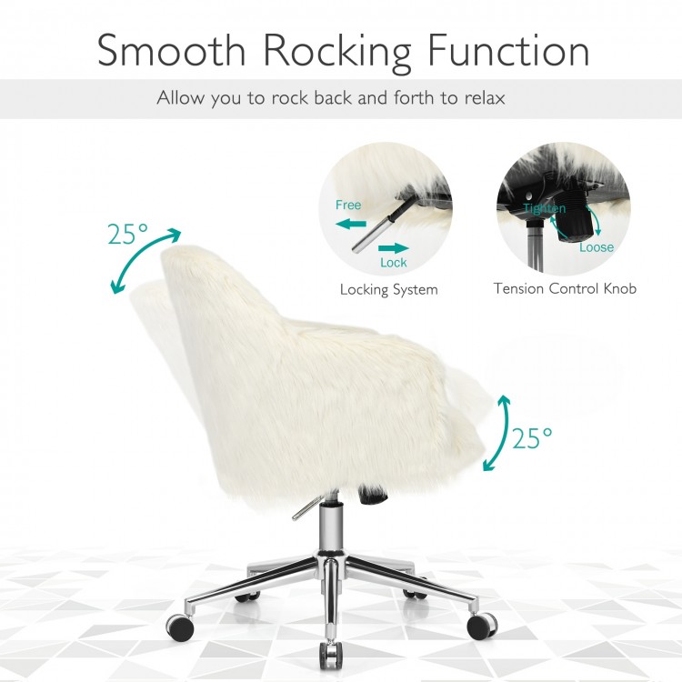 Modern fluffy faux fur office chair in beige with adjustable height and smooth rocking function for comfort and.