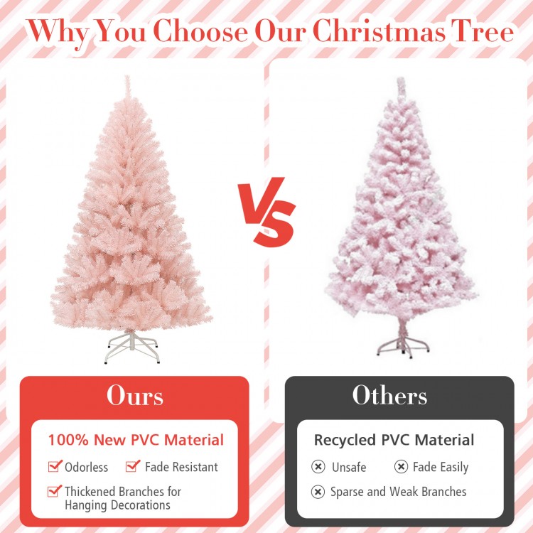 6ft pink artificial Christmas tree made of eco-friendly PVC, featuring hinged construction for easy assembly and.