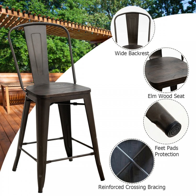 Industrial metal counter stool with elm wood seat, featuring a wide backrest and reinforced steel construction for.