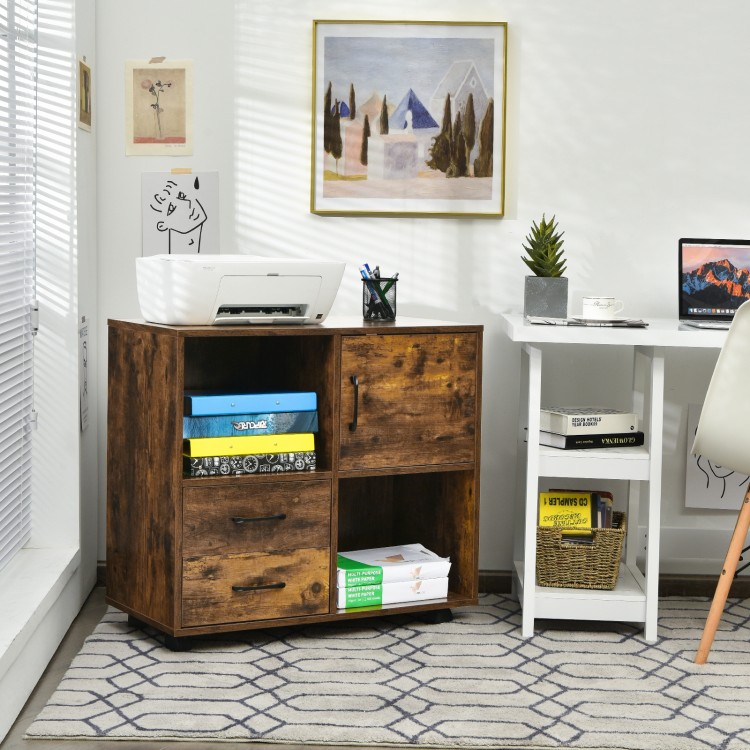 Mobile file cabinet in brown with open compartments and drawers, ideal for office storage and easy movement on wheels.