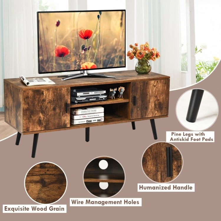 Industrial TV stand in rustic brown with storage cabinets, pine legs, and wire management holes for organized living.