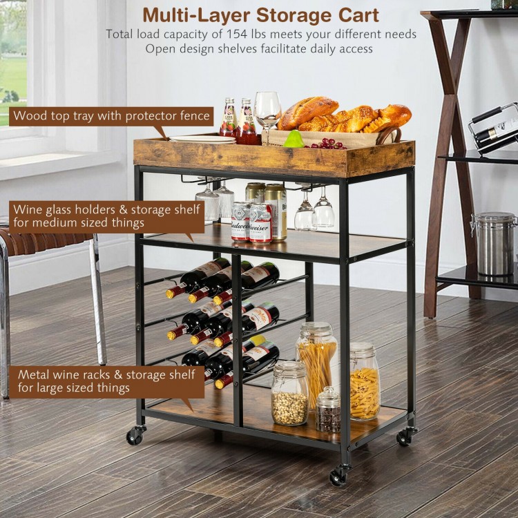 3-tier wood rolling kitchen serving cart in rustic brown with wine rack, glass holders, and spacious top tray for.