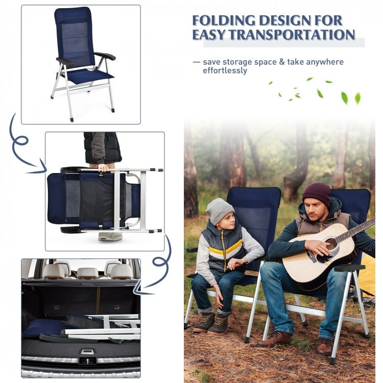 Folding blue patio dining chair with adjustable backrest and soft pillow, ideal for outdoor relaxation and space-saving.