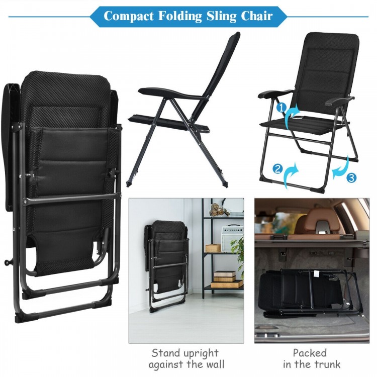 Compact folding sling chair in black with adjustable backrest, perfect for outdoor camping and relaxation.
