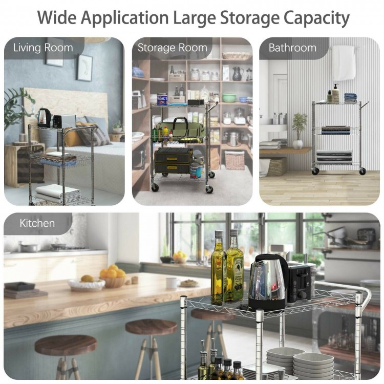3-tier rolling utility cart showcasing adjustable shelves and mobility features, perfect for organizing any room in.