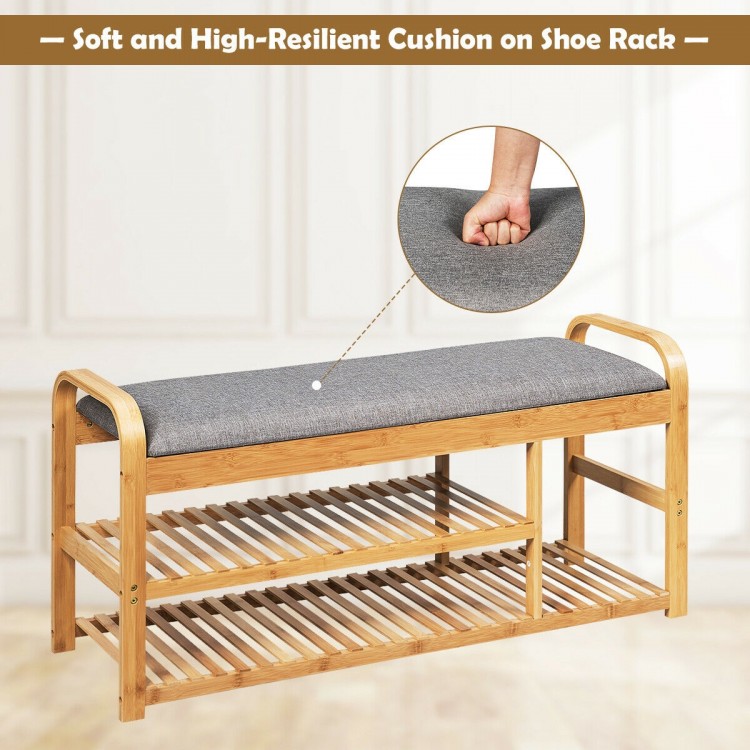 Bamboo shoe rack bench with soft cushion, featuring three tiers and ergonomic design, ideal for entryway seating.