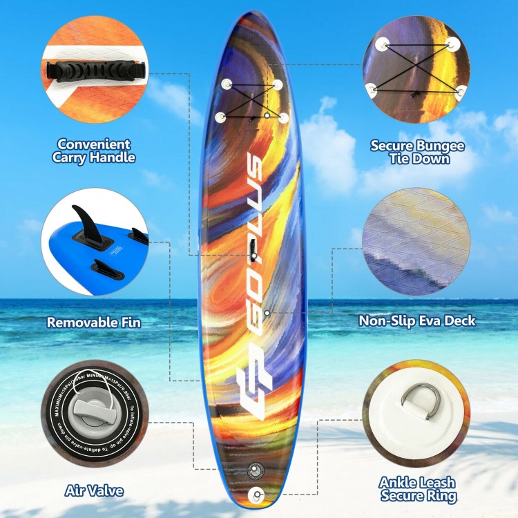 Inflatable stand-up paddle board with non-slip EVA deck, removable fins, and bungee tie down for water activities.