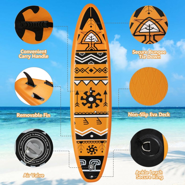 Inflatable stand-up paddle board in orange with non-slip EVA deck, removable fins, and bungee tie down for water.