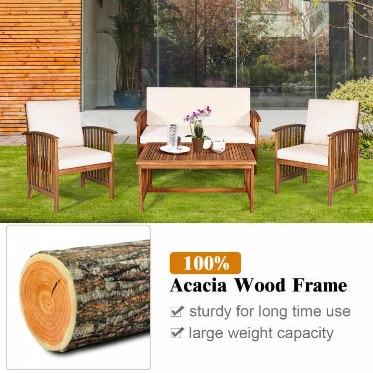 4-piece patio furniture set featuring a sturdy acacia wood frame and soft beige cushions, perfect for outdoor.