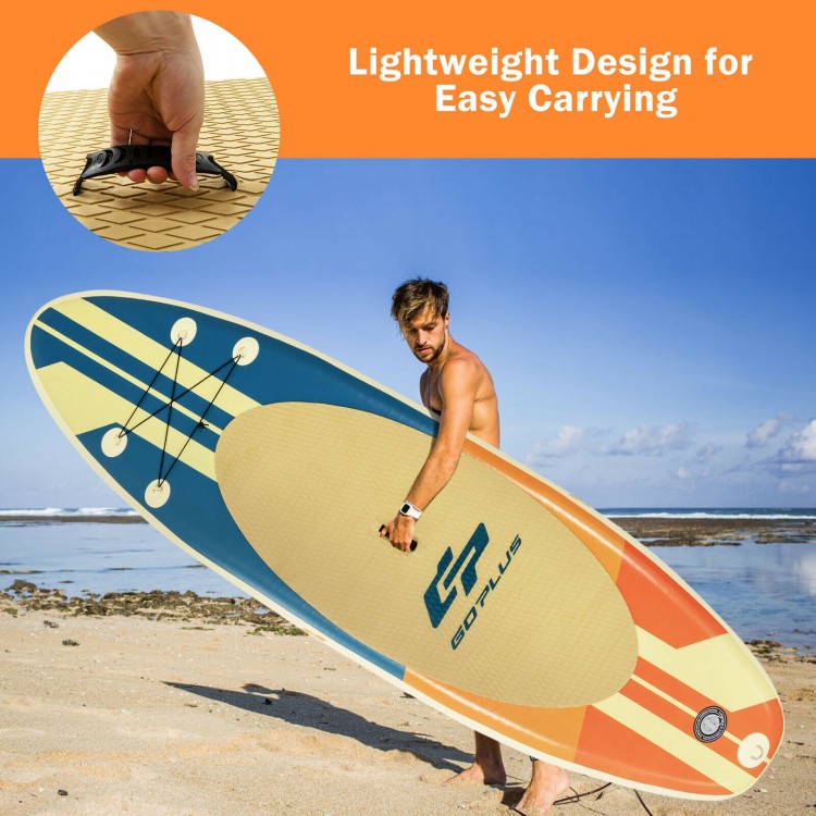 Inflatable stand-up paddle board with lightweight design, featuring a non-slip deck and convenient carrying handle for.