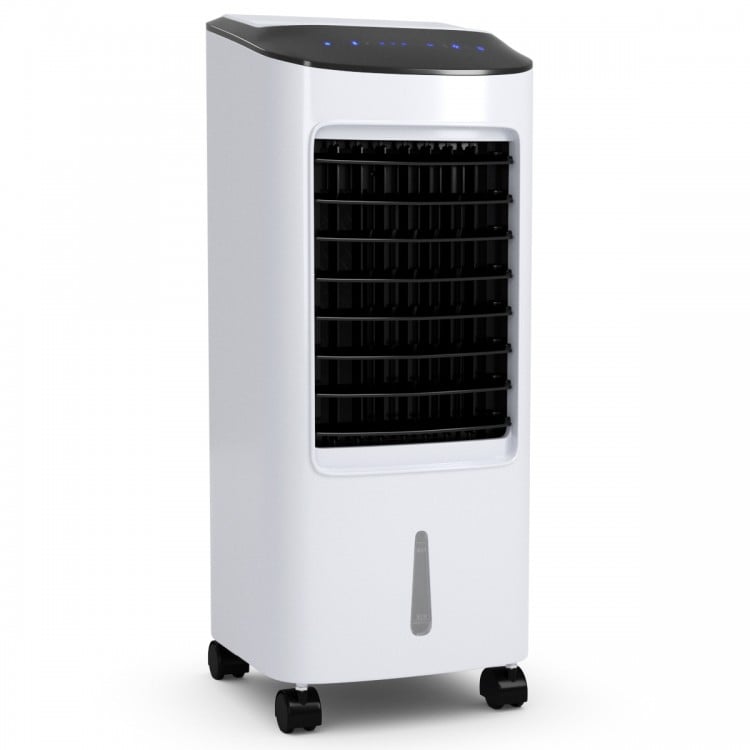 Evaporative portable air cooler fan with remote control, 7L water tank, compact design for home and office use.