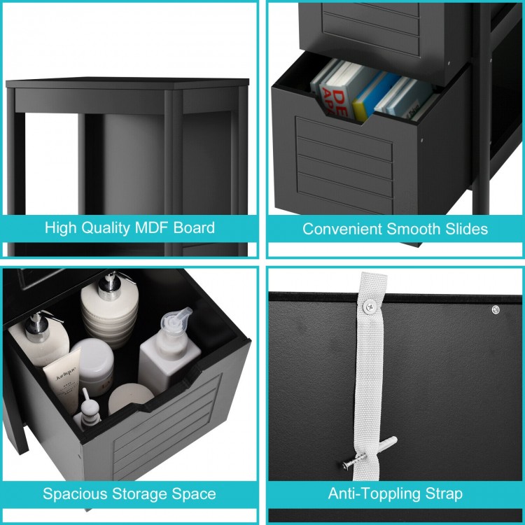 Black bathroom wooden floor cabinet with three storage spaces and two drawers, made of durable MDF board for easy.