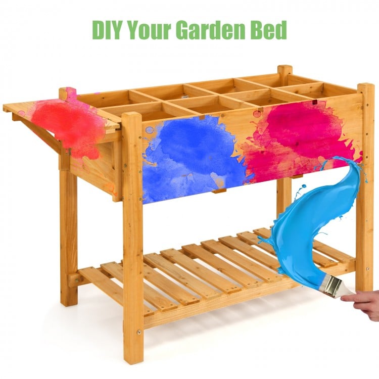 Elevated planter box kit with 8 grids, made of durable fir wood, ideal for comfortable gardening on patios or balconies.
