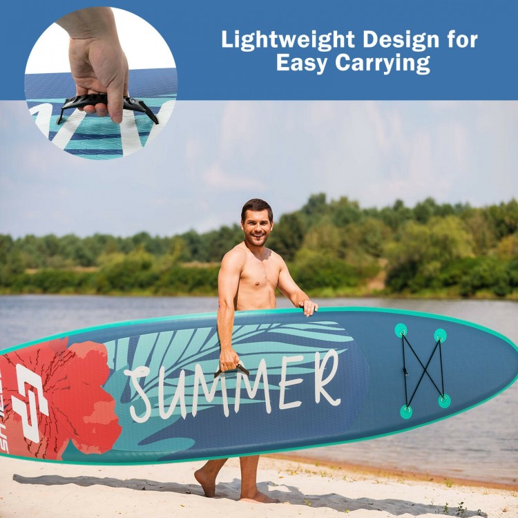 Inflatable stand-up paddleboard with lightweight design, featuring a floral pattern and convenient carrying handle for.