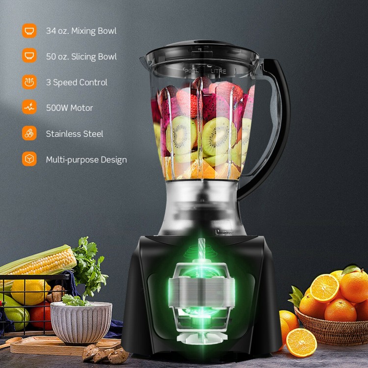 34 oz. mixing bowl blender with 500W motor, 3 blades, and variable speed for efficient food processing and juicing.