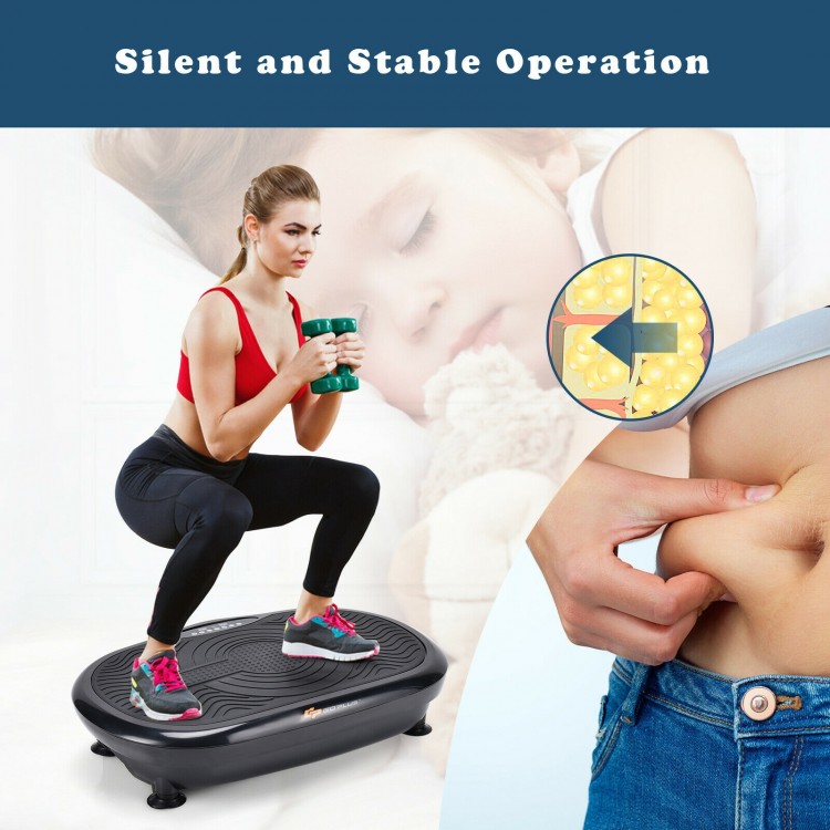 Mini vibration body fitness platform in black with resistance bands, ideal for full body training and weight loss.