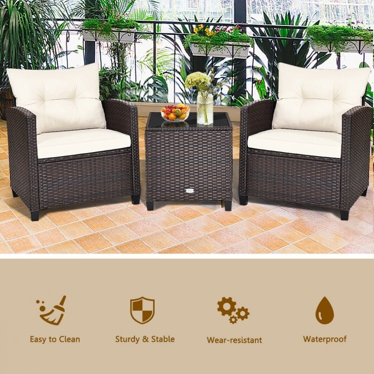 3 Pcs Patio Rattan Furniture Set Cushioned Conversation Set Coffee Table-WhiteCostway Gallery View 2 of 16