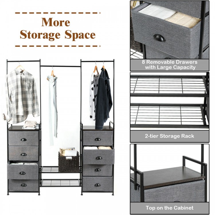 3-in-1 portable dresser with 8 fabric drawers and metal rack, featuring hanging rods and 2-tier storage for versatile.