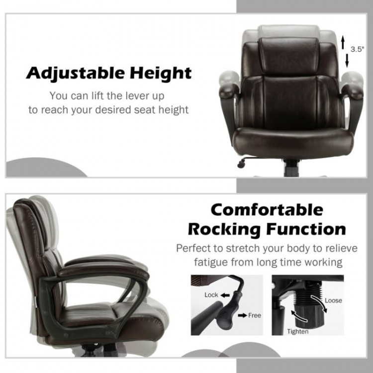 Adjustable leather executive office chair with armrests, featuring a padded cushion and ergonomic back for comfort.