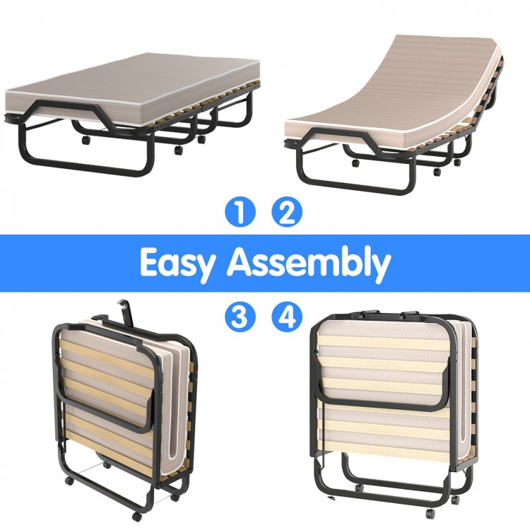 Folding rollaway bed with memory foam mattress, easy assembly, compact design, perfect for guests in limited spaces.
