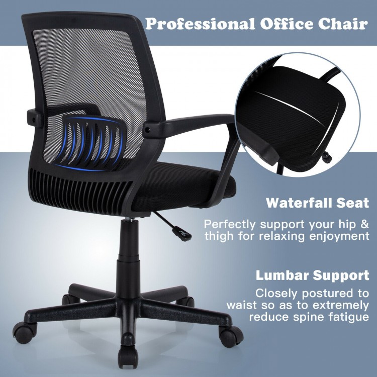 Mid-back mesh office chair with adjustable height, lumbar support, and waterfall seat for ergonomic comfort.