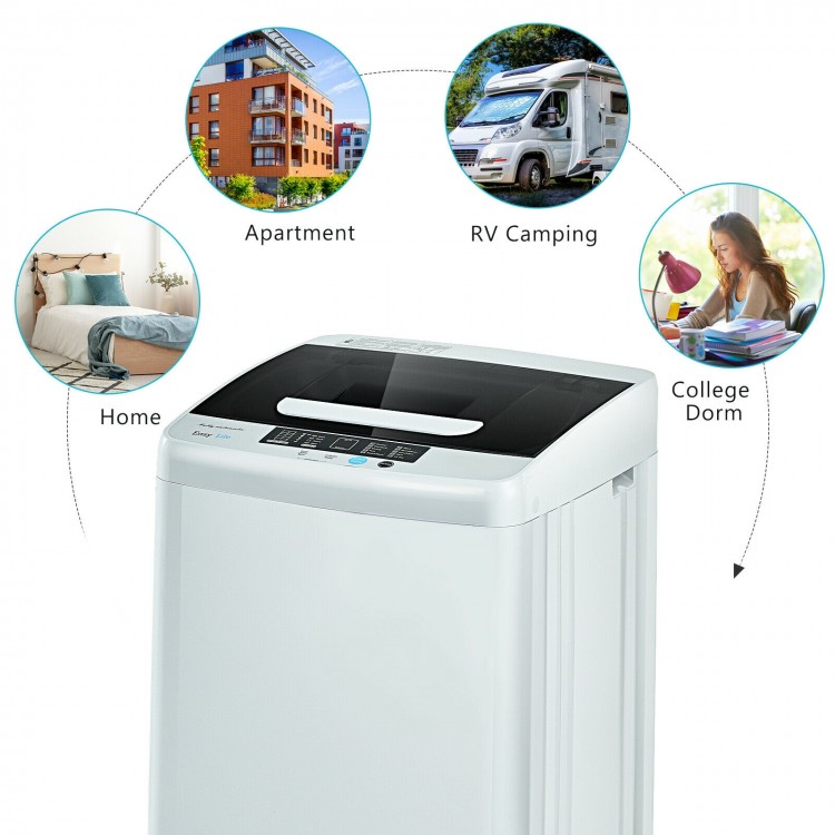 Portable 8.8 lbs washing machine with drain pump, LED display, and stainless steel tub, ideal for dorms and apartments.