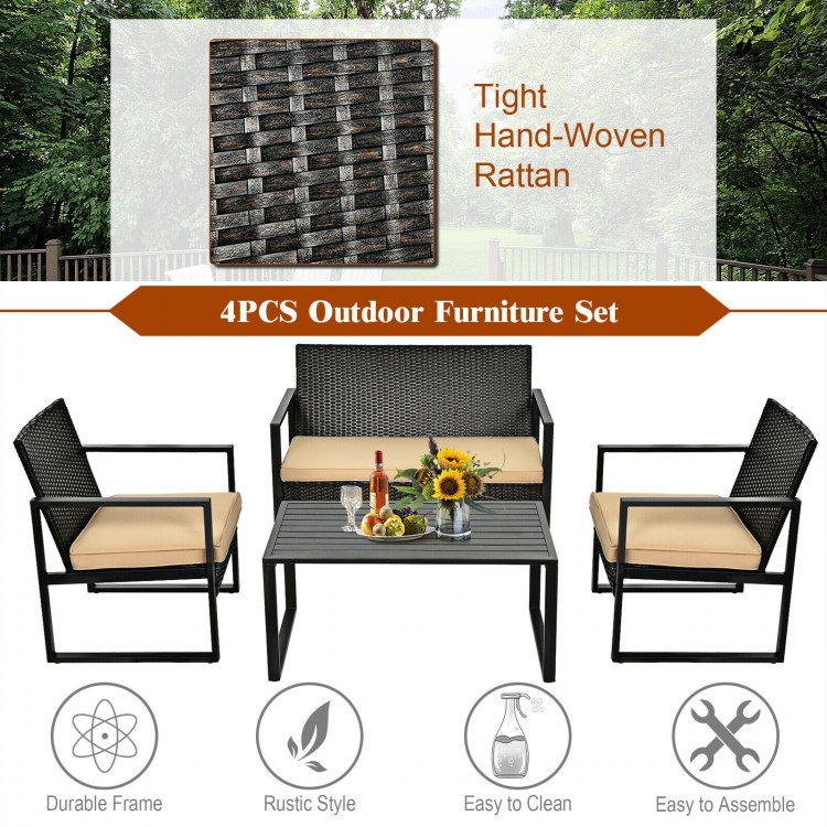 Detail shot of the hand-woven rattan texture on the patio furniture set, showcasing durability and rustic style for.
