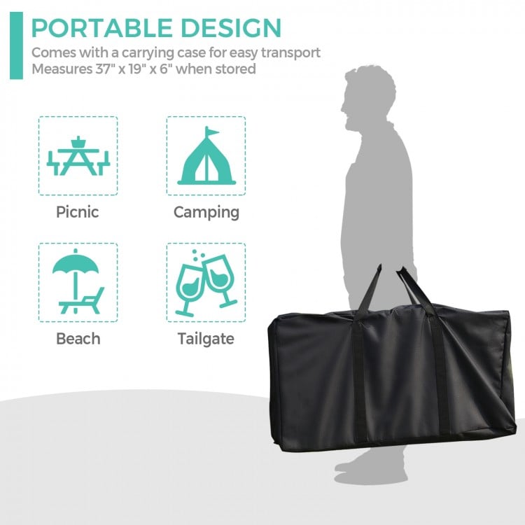 Foldable outdoor BBQ table with carrying case, ideal for camping, picnics, and tailgating, measures 37" x 19" x 6" when.