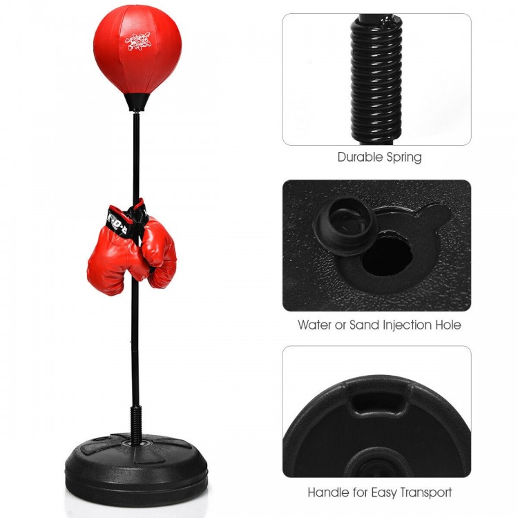 Adjustable height punching bag with durable spring and boxing gloves, ideal for both adults and kids for fitness.