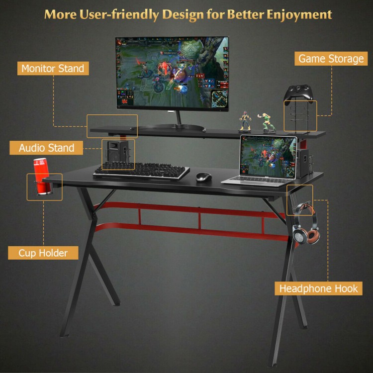 Gaming computer multifunctional storage desk with monitor stand, cup holder, and audio stands for organized gaming.
