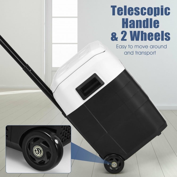 Portable 53 QT dual-zone car refrigerator with telescopic handle and wheels, ideal for camping and outdoor activities.