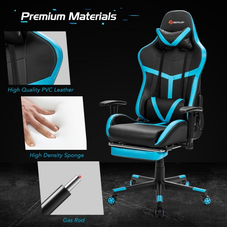 Reclining racing chair in blue with lumbar support, footrest, and high-density sponge for ultimate gaming comfort.
