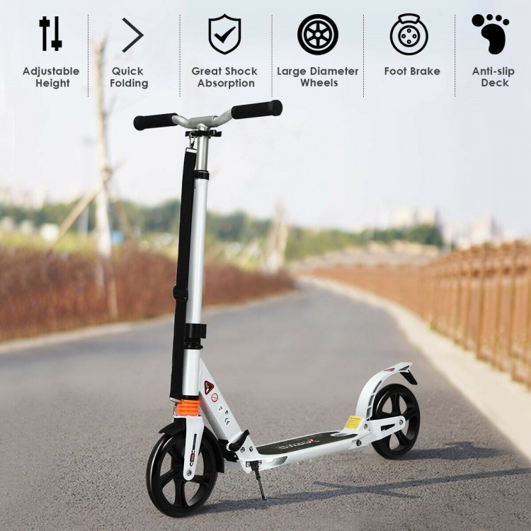 Folding aluminium adjustable kick scooter with 8" wheels, anti-slip deck, and shoulder strap for easy carrying.