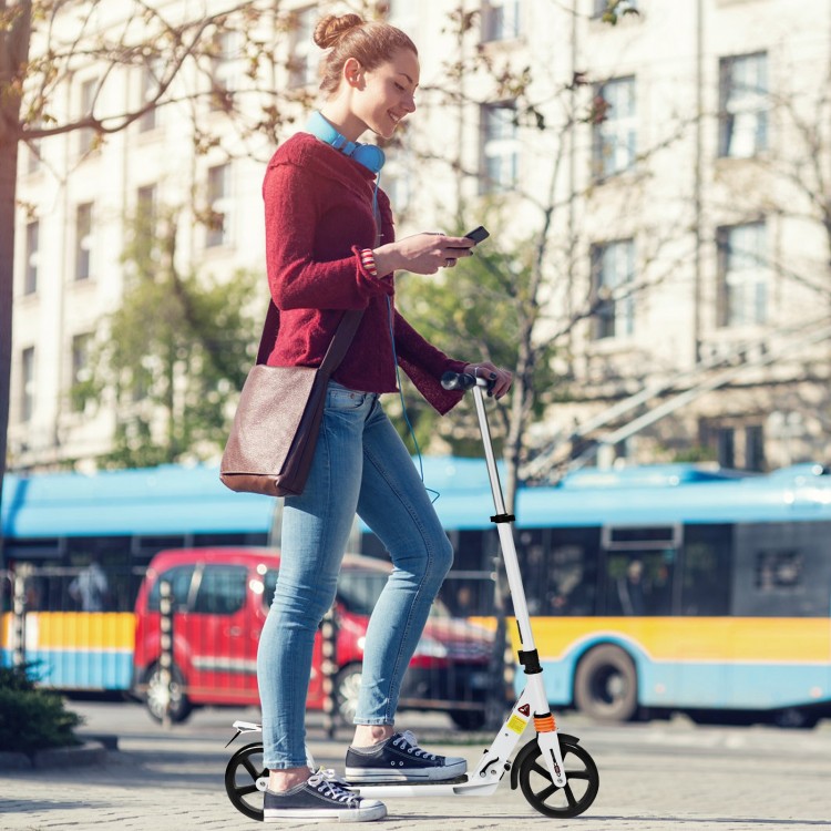 Folding aluminium adjustable kick scooter in white, featuring 8" wheels and a shoulder strap for easy commuting.