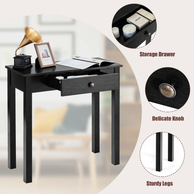 Small space console table in black with a drawer, sturdy wooden legs, perfect for living room or hallway storage.