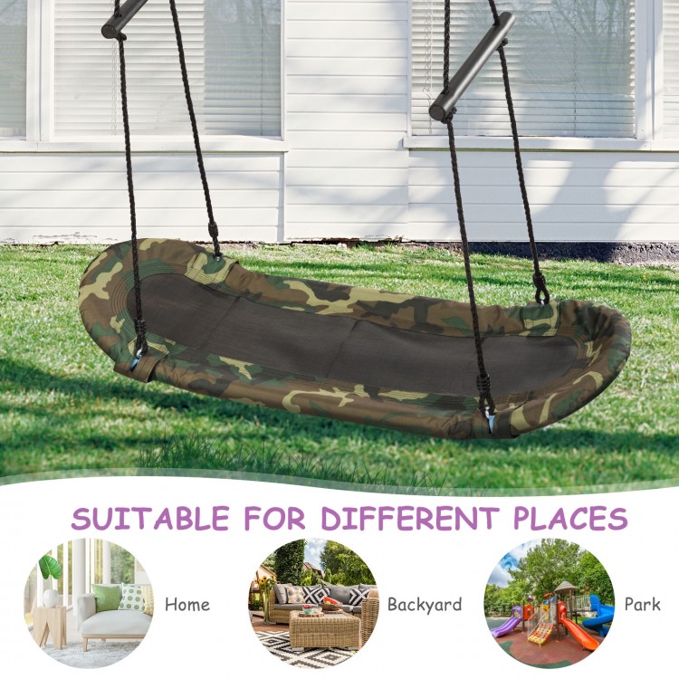 Adjustable army green saucer tree swing for kids, made of durable oxford cloth, suitable for backyard and park use.