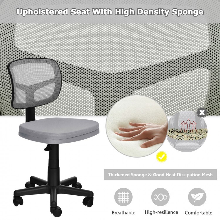 Armless gray computer chair with breathable mesh, height adjustment, and high-resilience sponge for home office comfort.