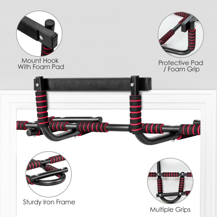 Multi-purpose pull-up bar with sturdy iron frame, foam grips, and protective pads for versatile indoor workouts.