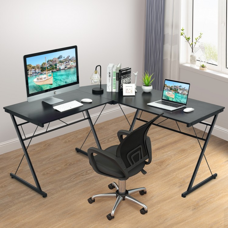 L-shaped black corner desk made of P2 MDF and iron, ideal for home office with ample workspace and sturdy design.