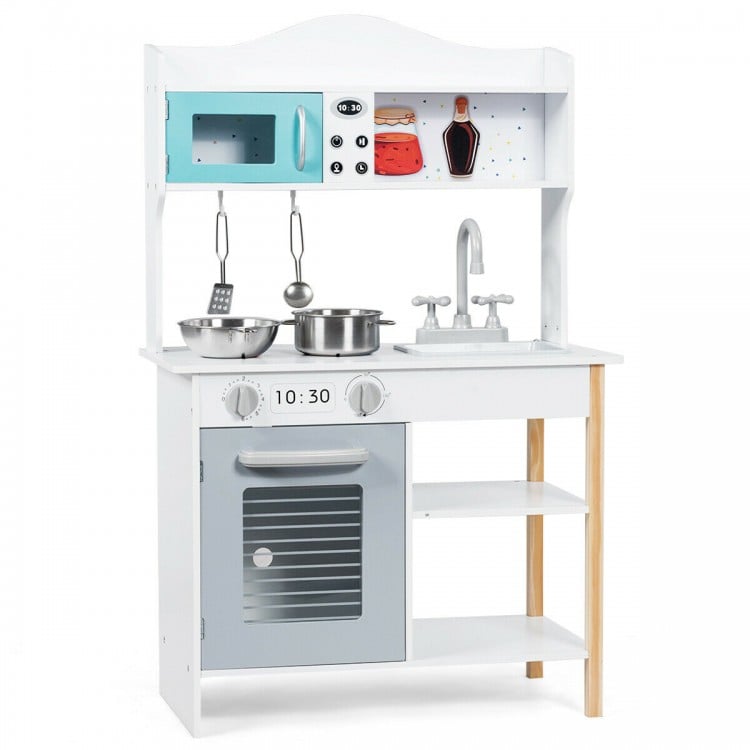 Kids kitchen playset with solid wood, colorful design, and realistic features for imaginative cooking fun.