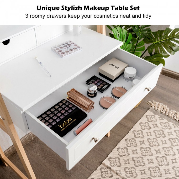 Vanity table set featuring a large drawer, two small drawers, and a cushioned stool for organized cosmetics storage.