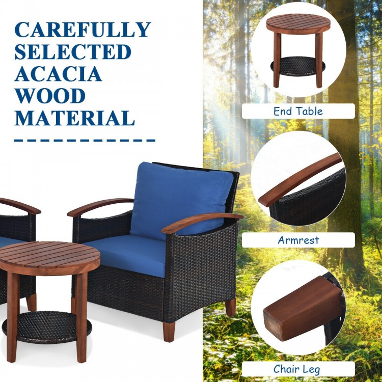 Acacia wood end table with a woven rattan base, perfect for outdoor patio use and convenient storage.