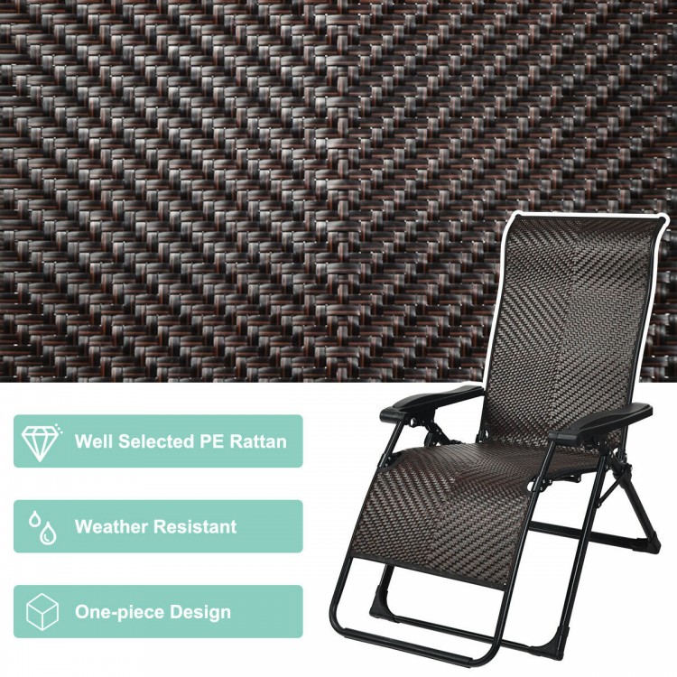 Zero gravity lounge chair with breathable PE rattan, weather-resistant design, perfect for outdoor relaxation.