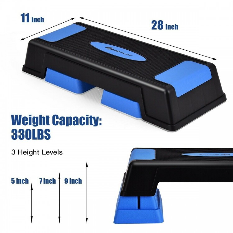 Adjustable aerobic exercise stepper in blue, 28 inches long, 3 height levels, supports 330lbs for versatile workouts.