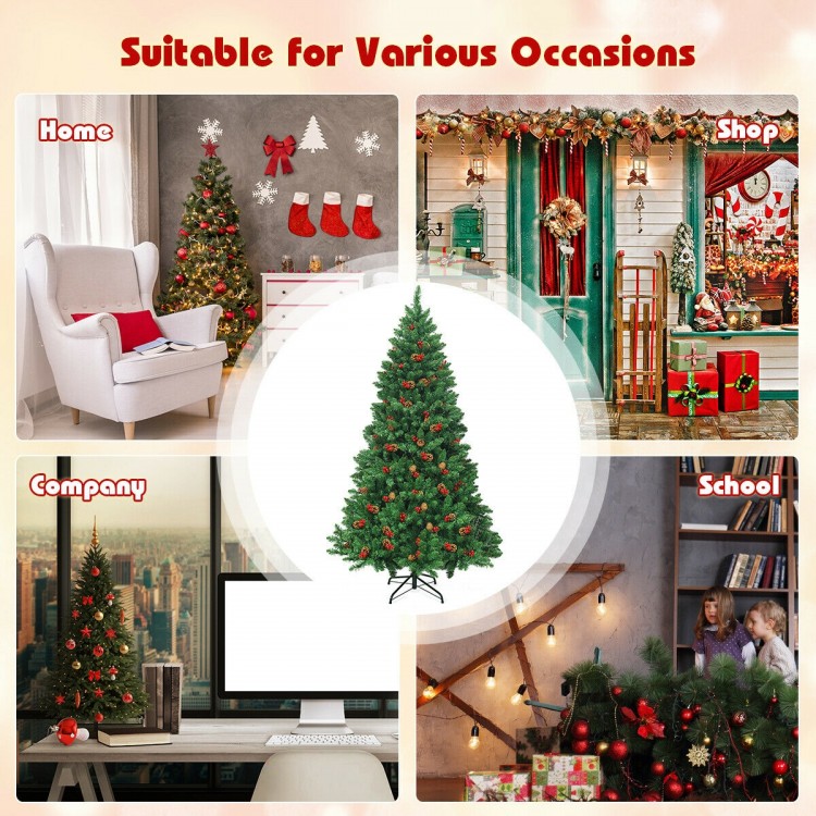 6.5 feet pre-lit Christmas tree with 450 LED lights, pine cones, and red berries, perfect for festive home or business.